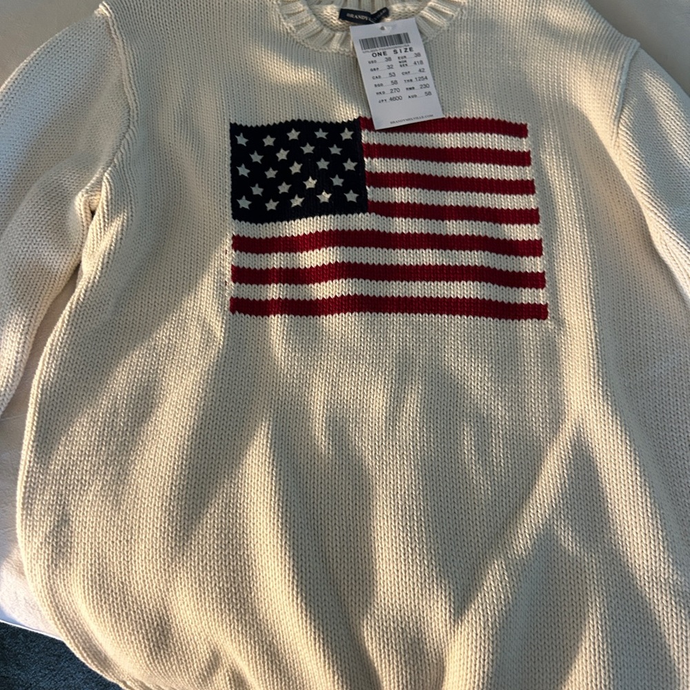 Brandy Melville Cream and Red Crew Neck Sweater with American Flag